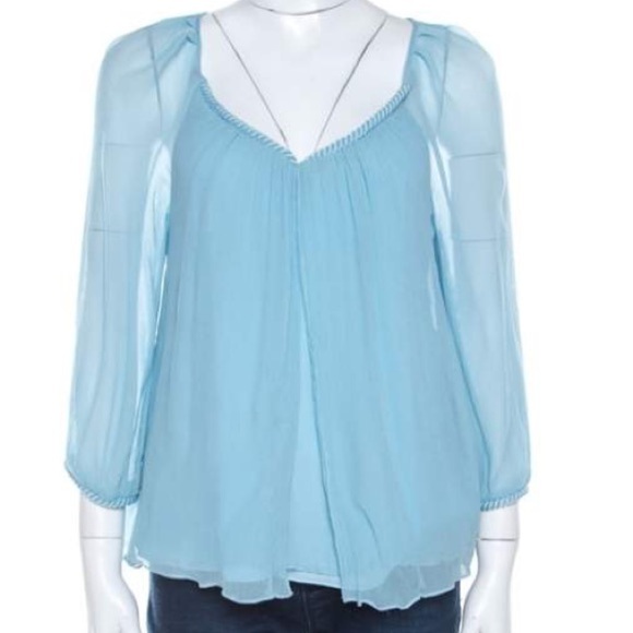 Diane Von Furstenberg Powder Blue Plisse Chiffon  Silk Fenobe Blouse Size 10 - Picture 1 of 13